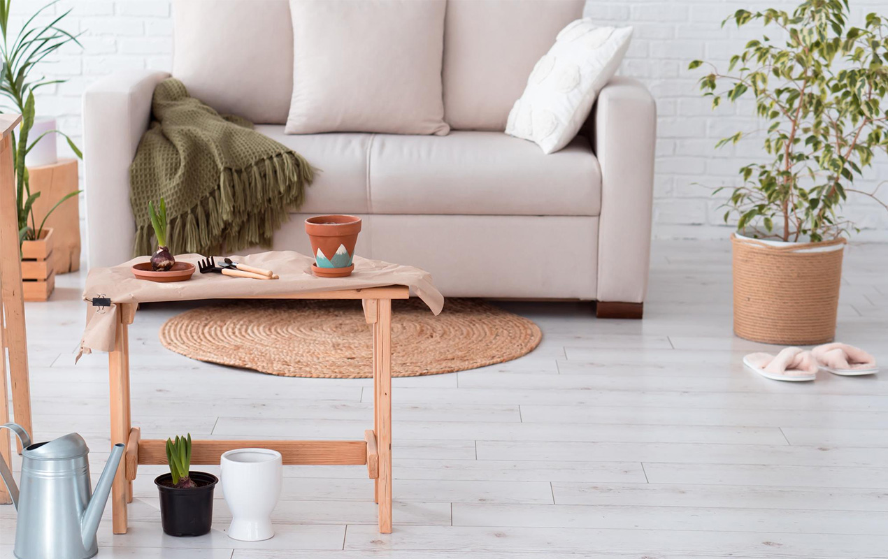 scandinavian-home-Interior with sofa green plants wooden table