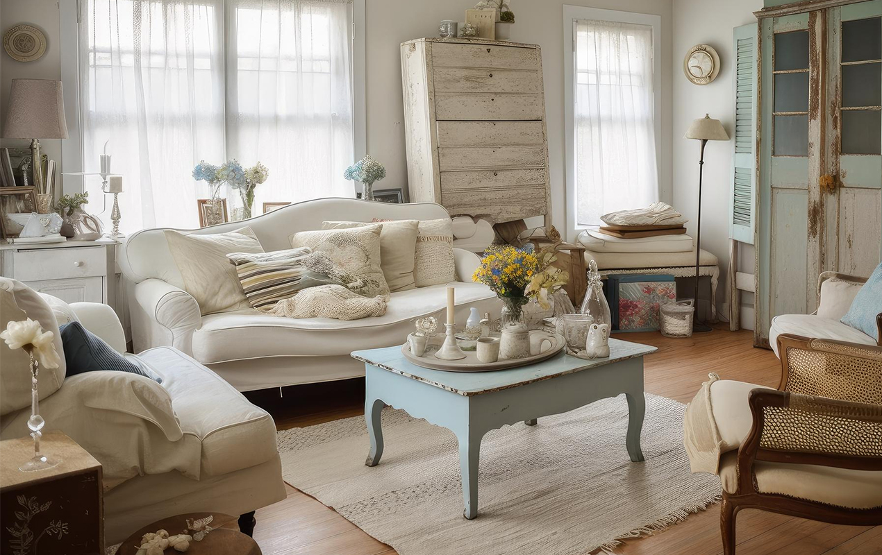 Shabby chic living room with mix modern vintage accents