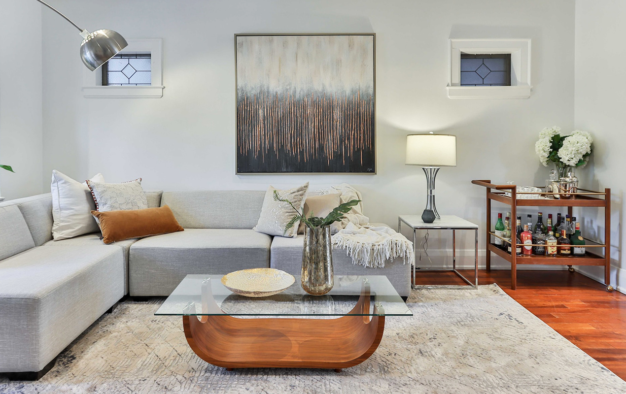 Modern white interior with wood and glass contemporary coffee table 