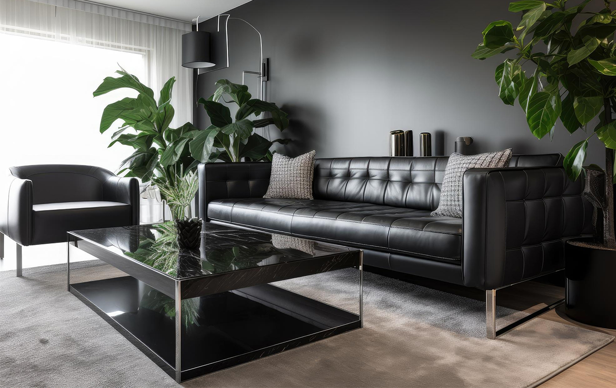 Coffee table with glass top surrounded by modern chairs