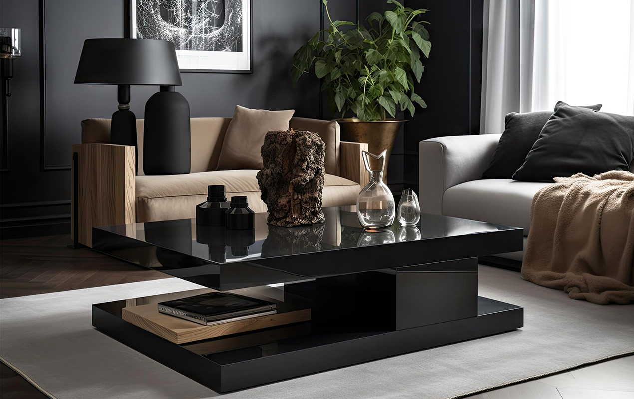 Luxe interior with black coffee table