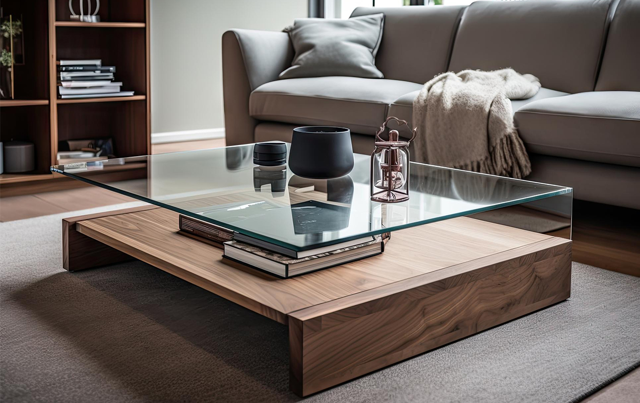 sSleek wooden coffee table with glass top