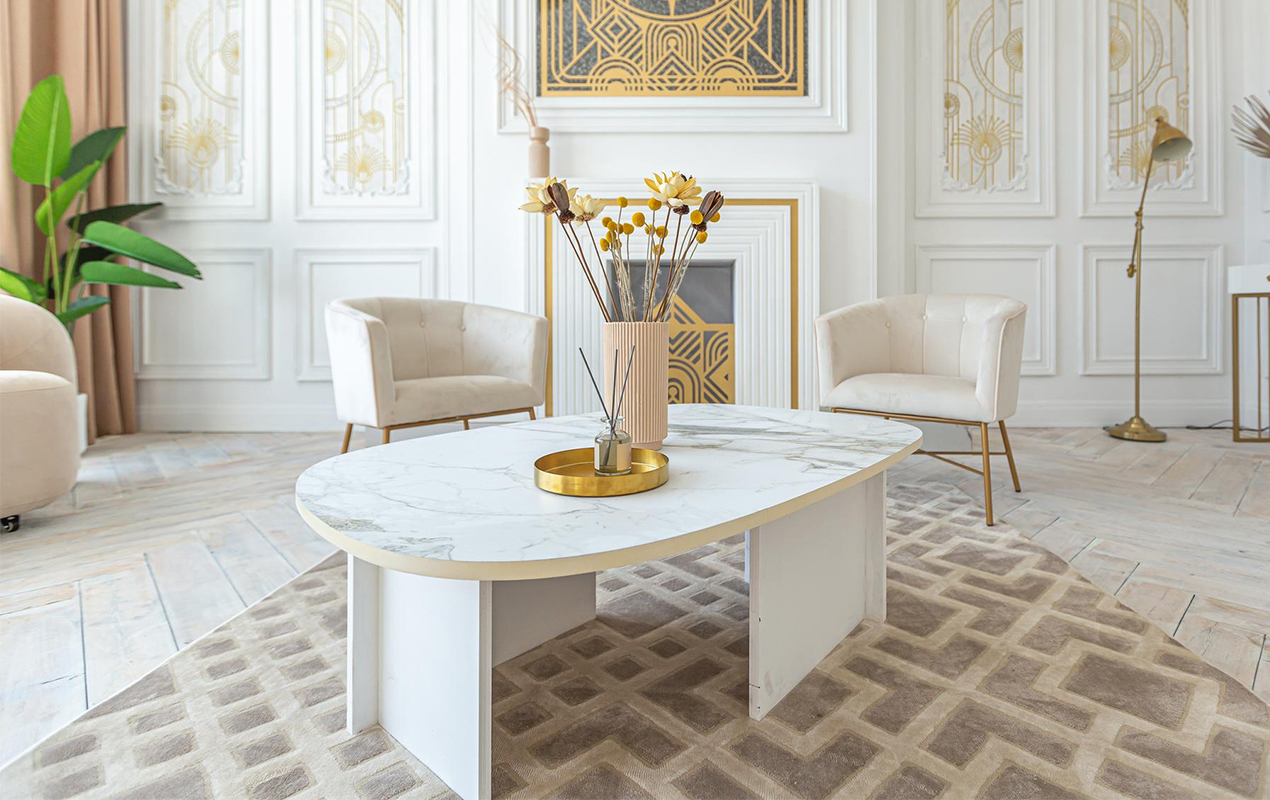 Snowwhite luxury apartment interior with gold accents