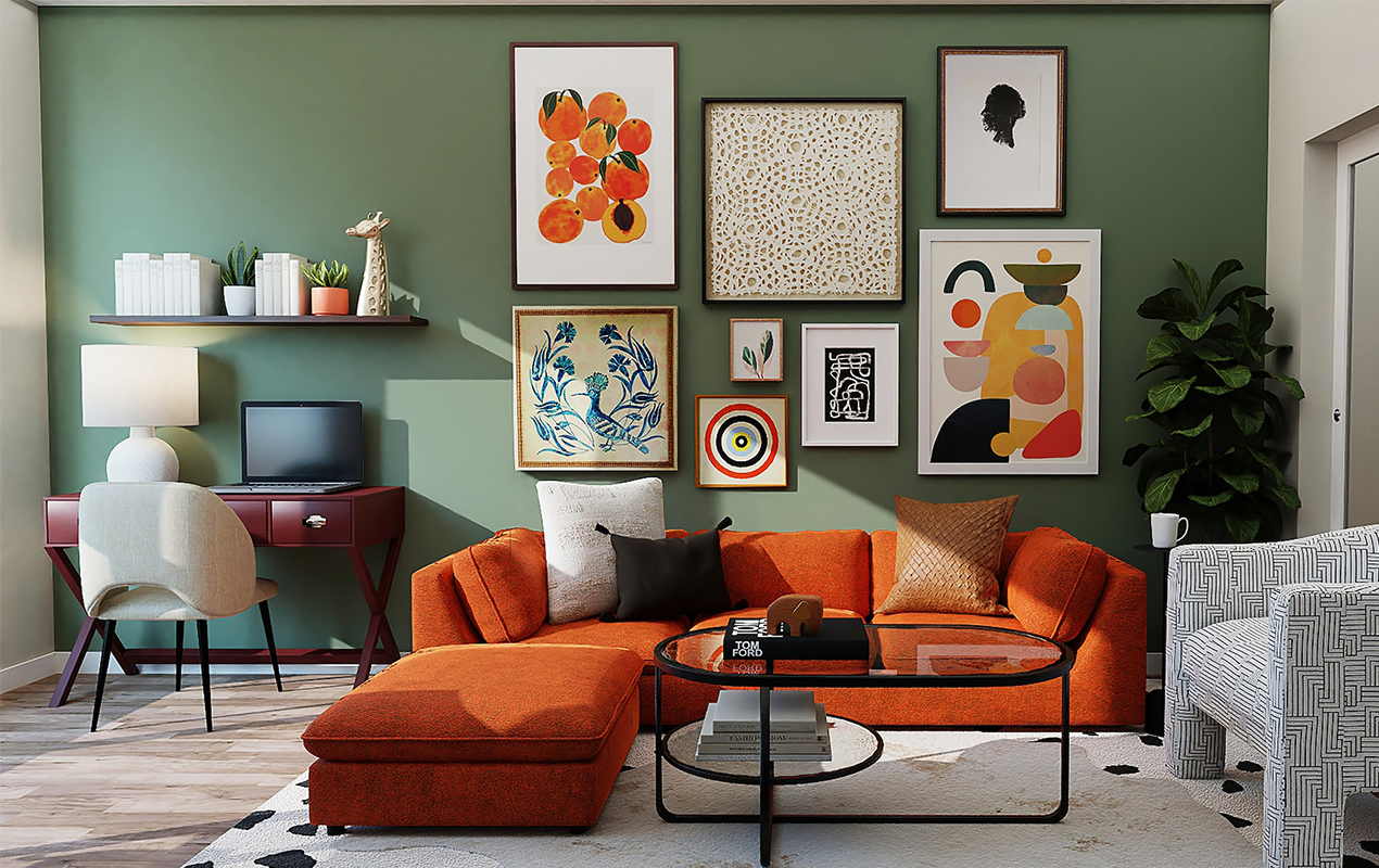 Living interior with orange sofa and wall art