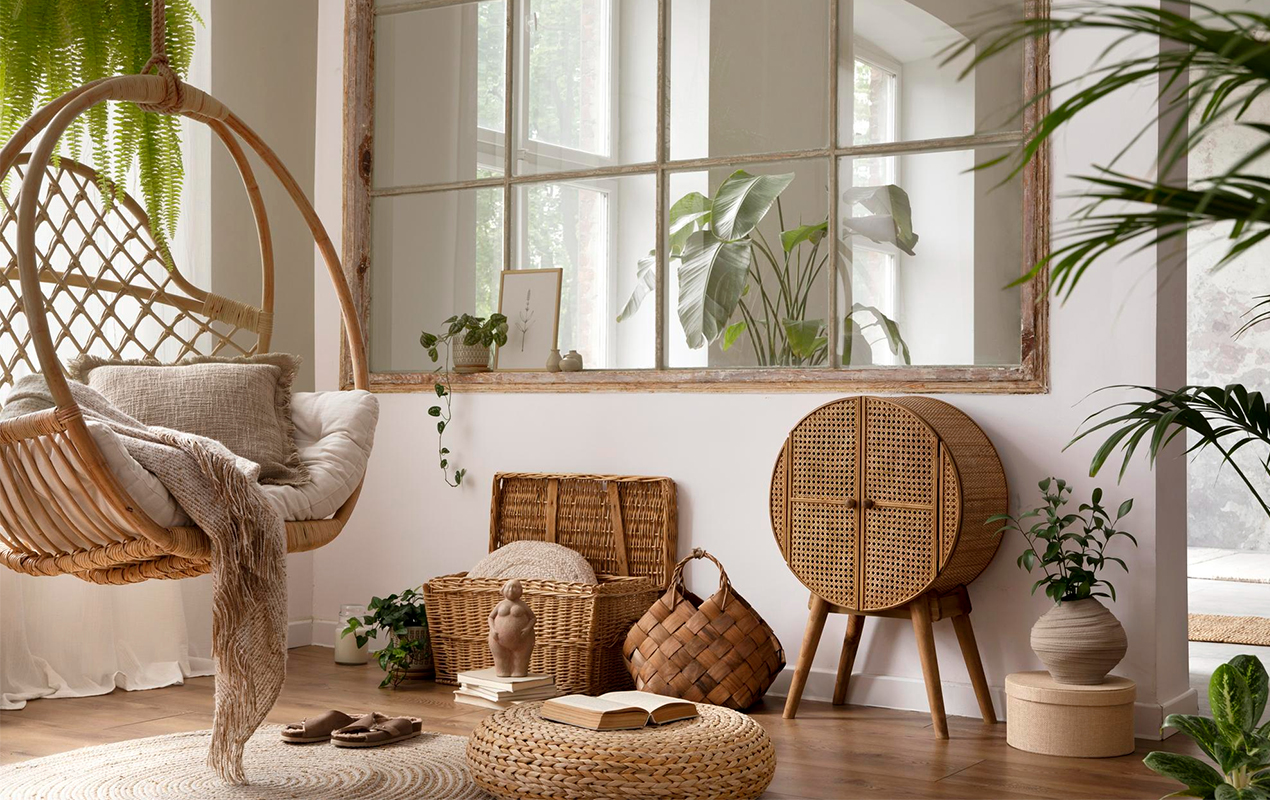 stylish-boho-composition-with-changing-swing-window-commode-wooden-bench-beige-carpet-with-brown-slippers-white-wall-template
