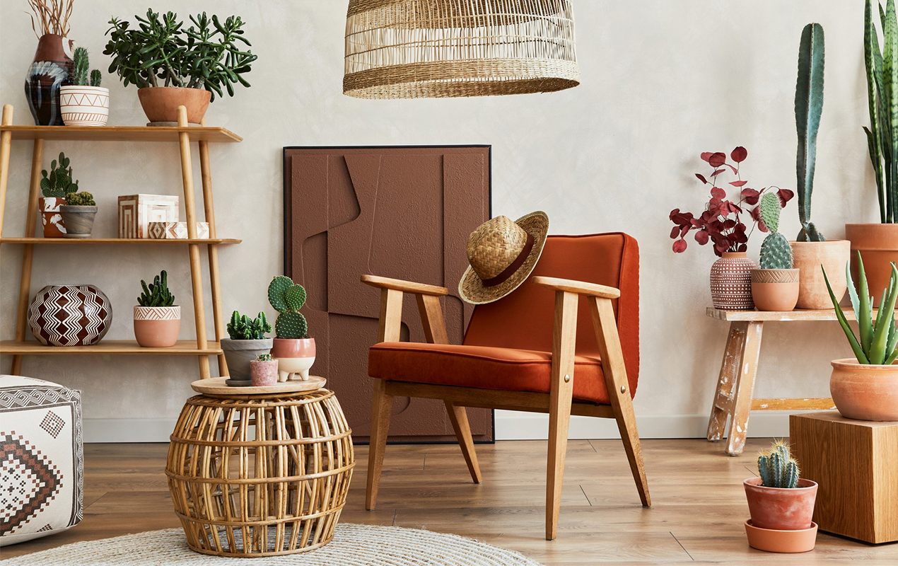 Modern living room interior with red chair and rattan table