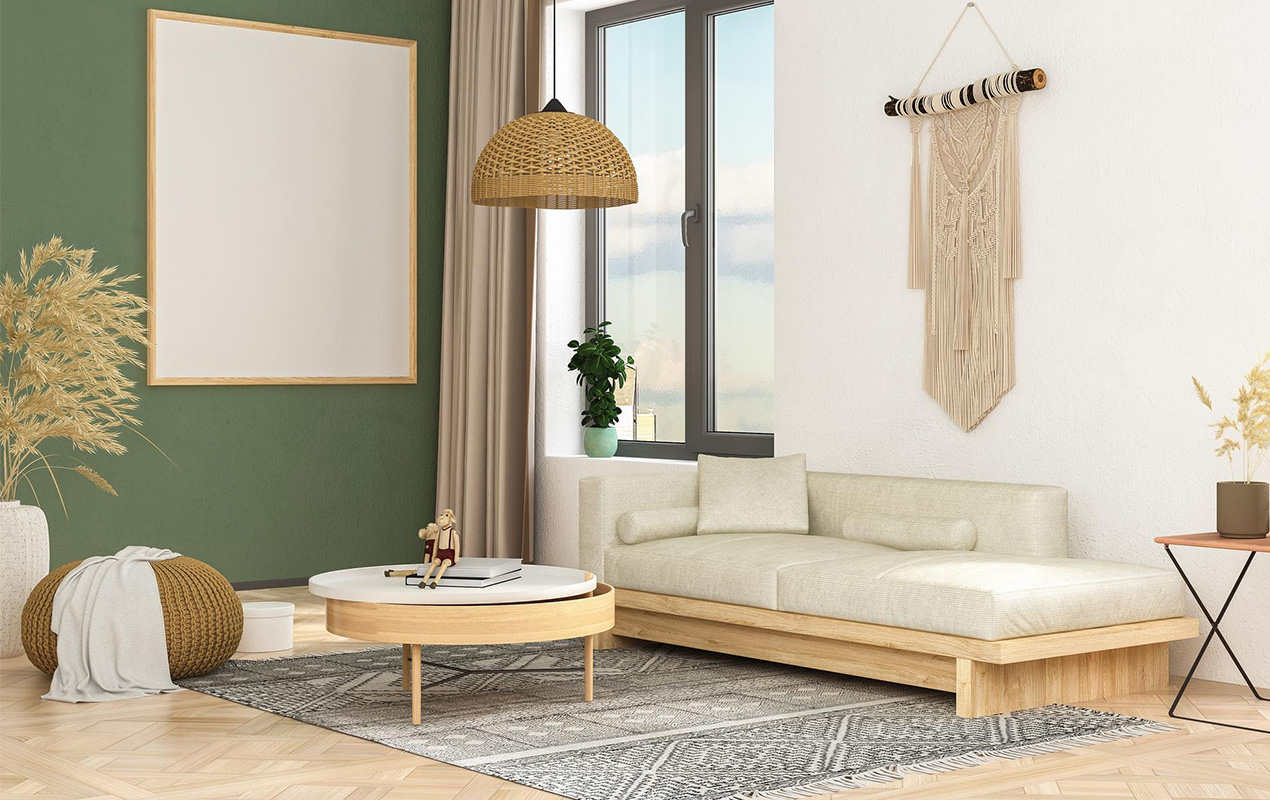 living room with gray sofa and rattan armchair