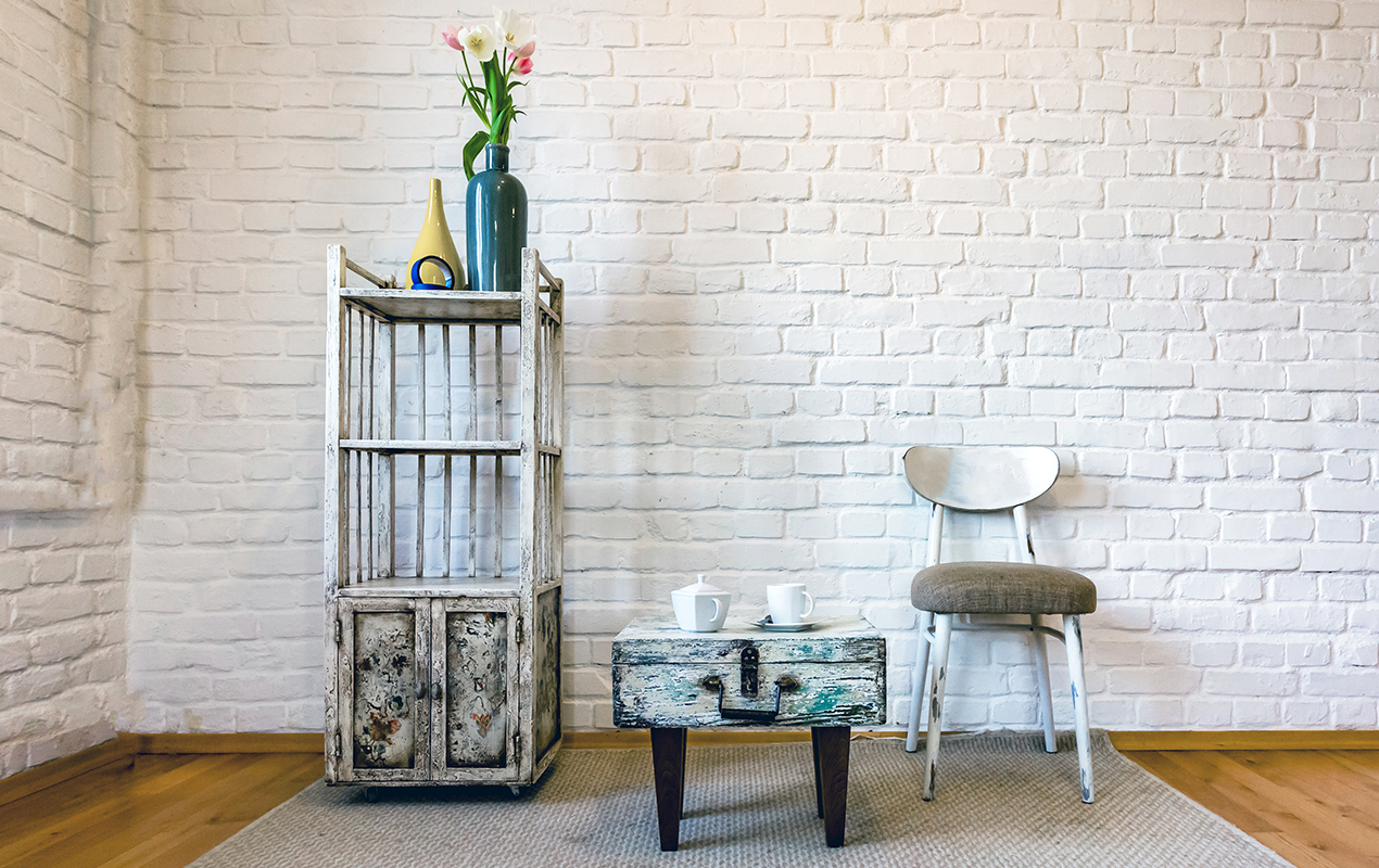 Vintage interior design with shabby chic small coffee tables 