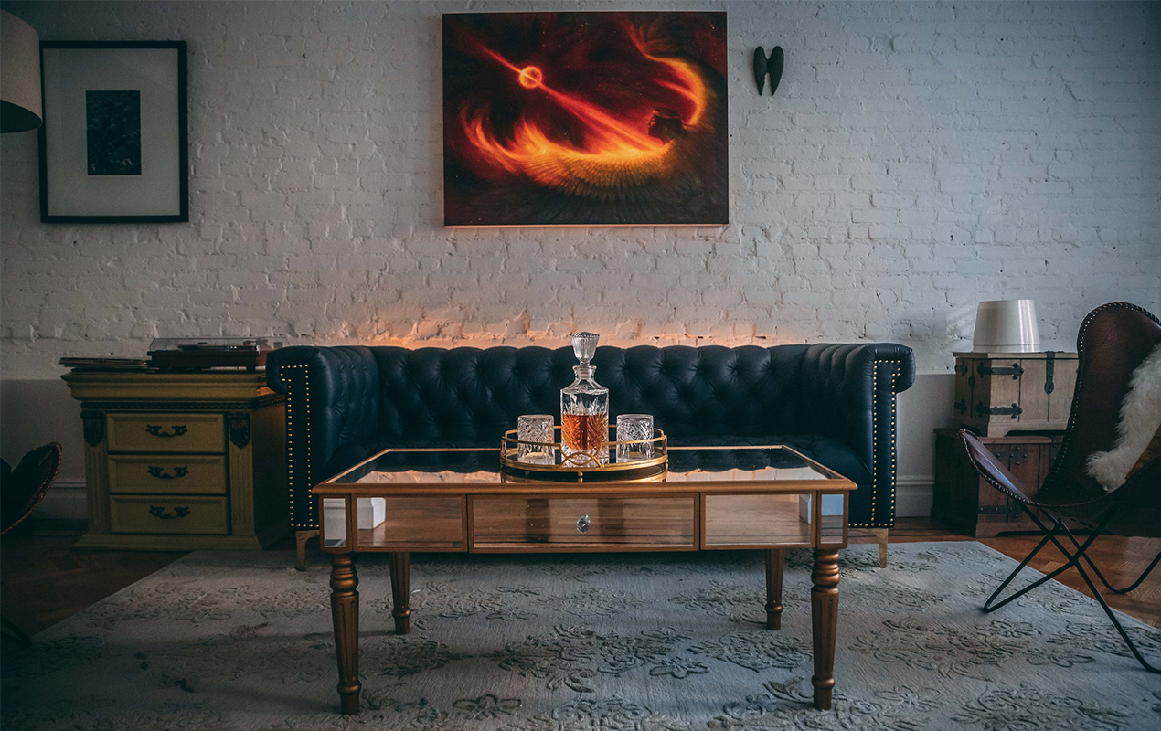 Living room with wooden coffee table 