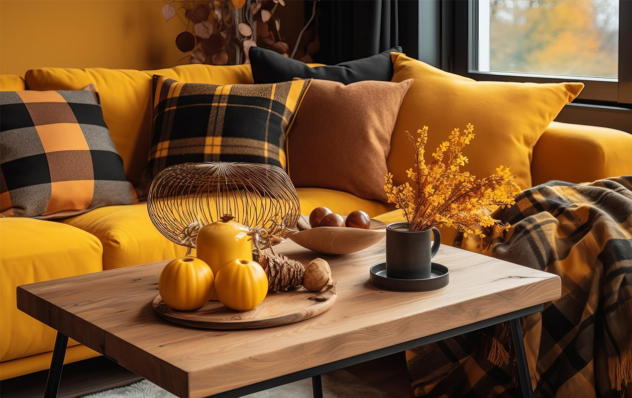 Boho composition living with couch and wooden coffee table