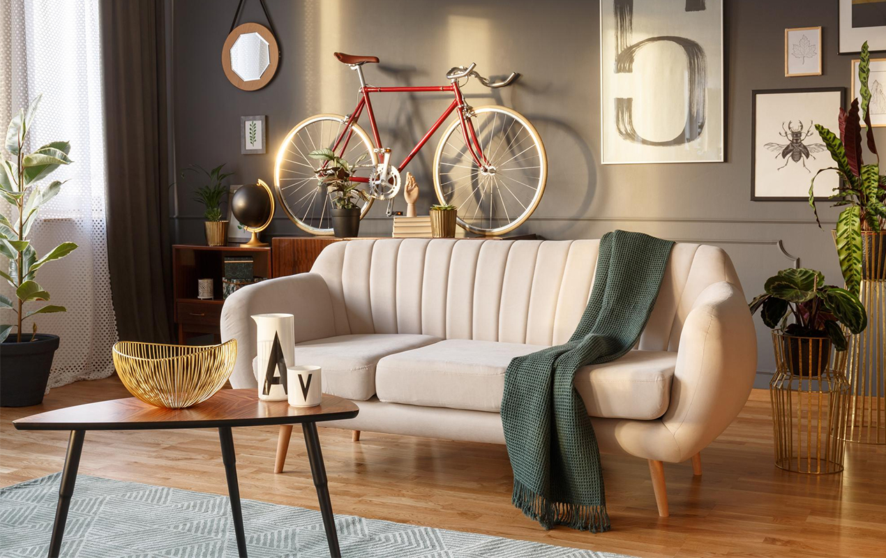 Cozy home interior with white sofa and oval coffee table