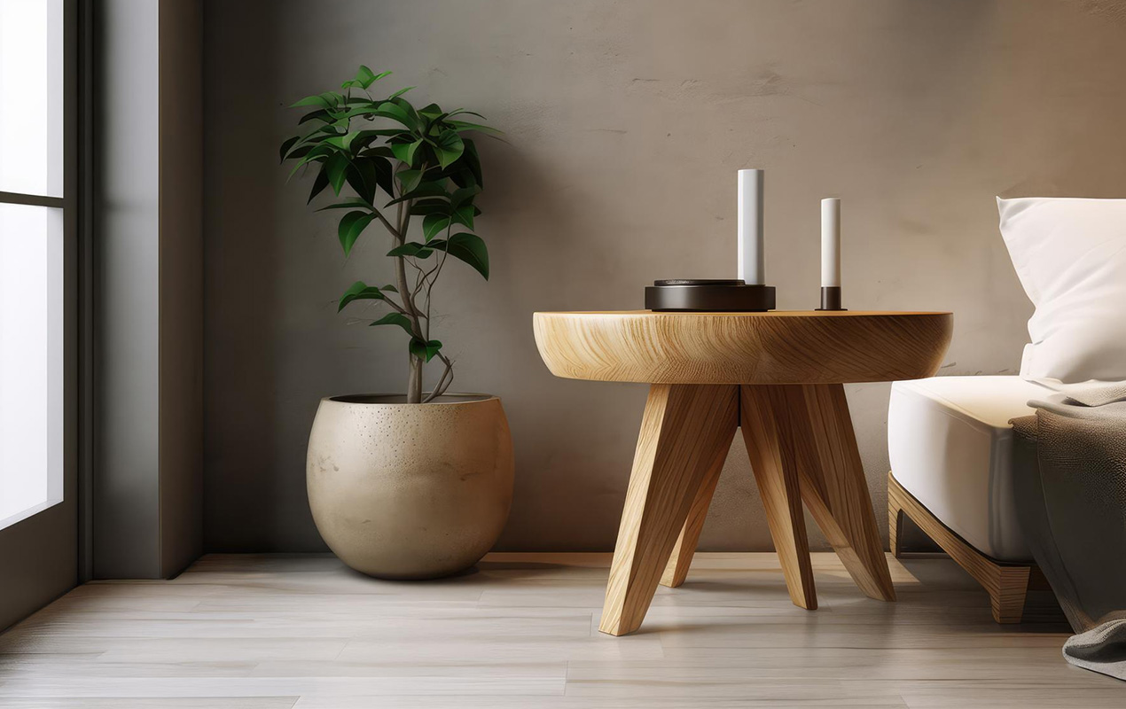 Modern interior with wooden table and plant pot 