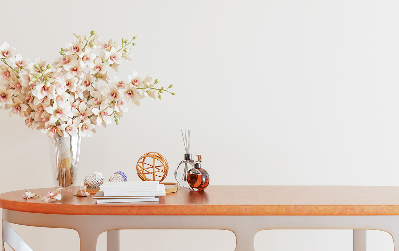 Home setting with ornaments and flowers 