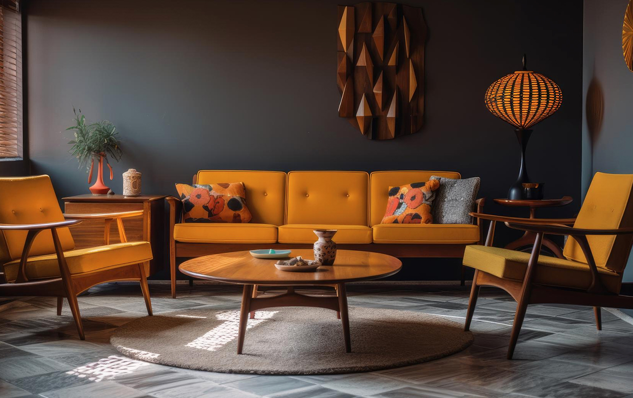 A Pop of Vibrance: Teak Coffee Table and Orange Sofa