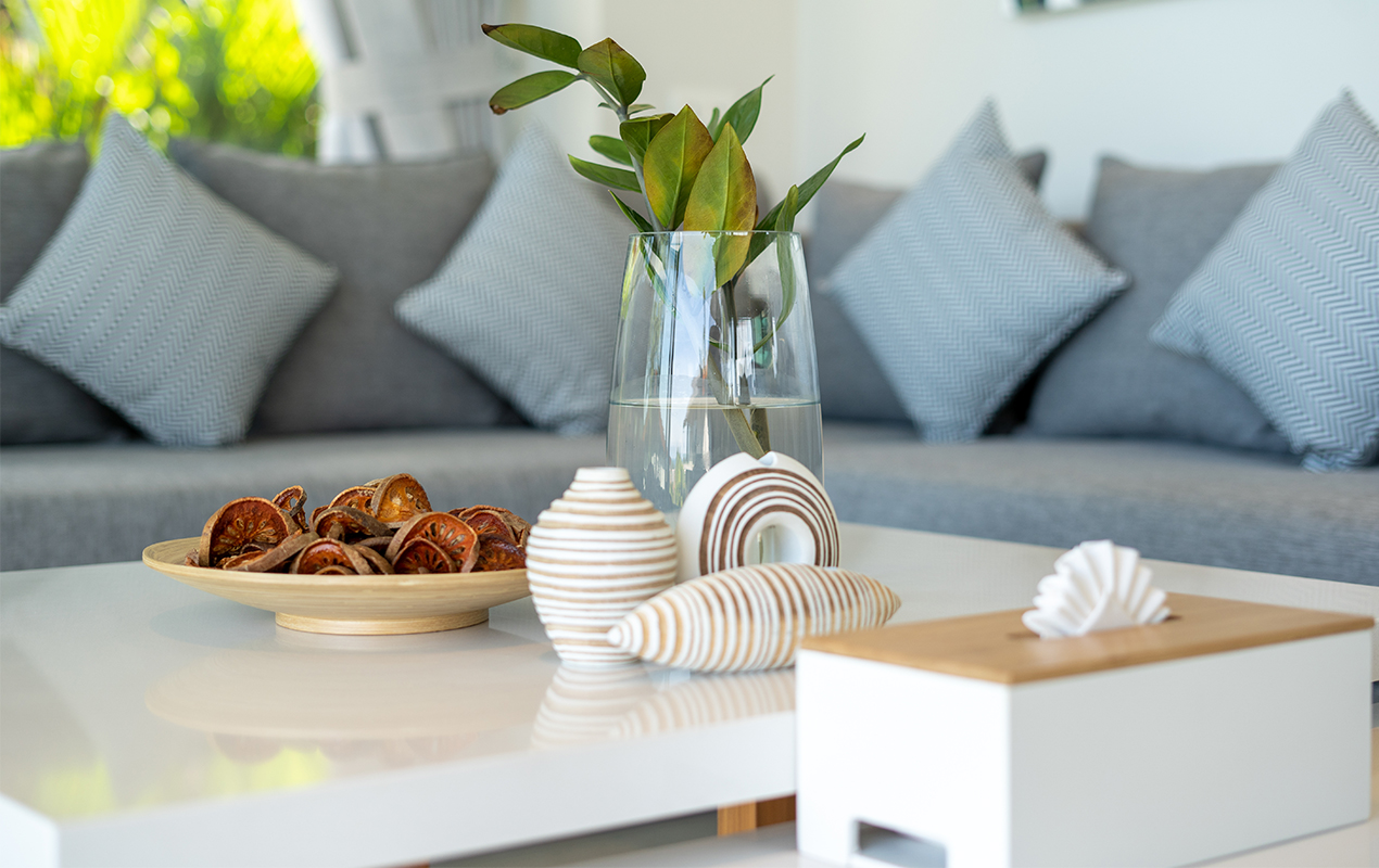 Blue living room with white coastal accessories