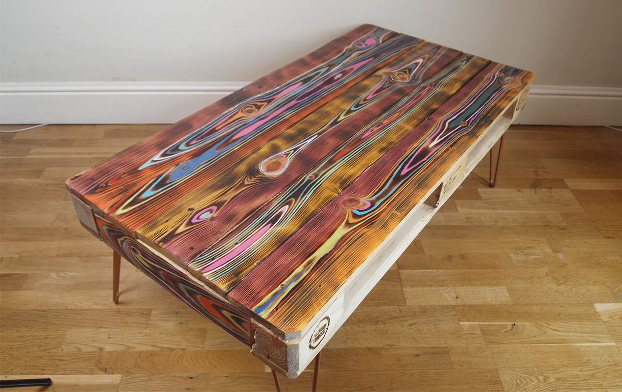 Artfully Painted Charred Wooden Coffee Table
