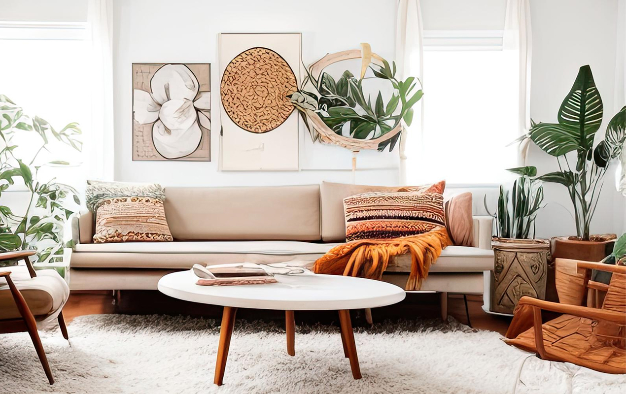 Boho-Chic Composure: Teak and Marble Coffee Table in Colorful Spaces