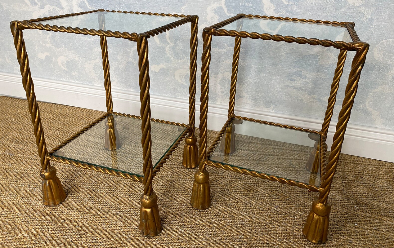 Brass and Tempered Glass Coffee Tables with Artful Rope Tassel Legs