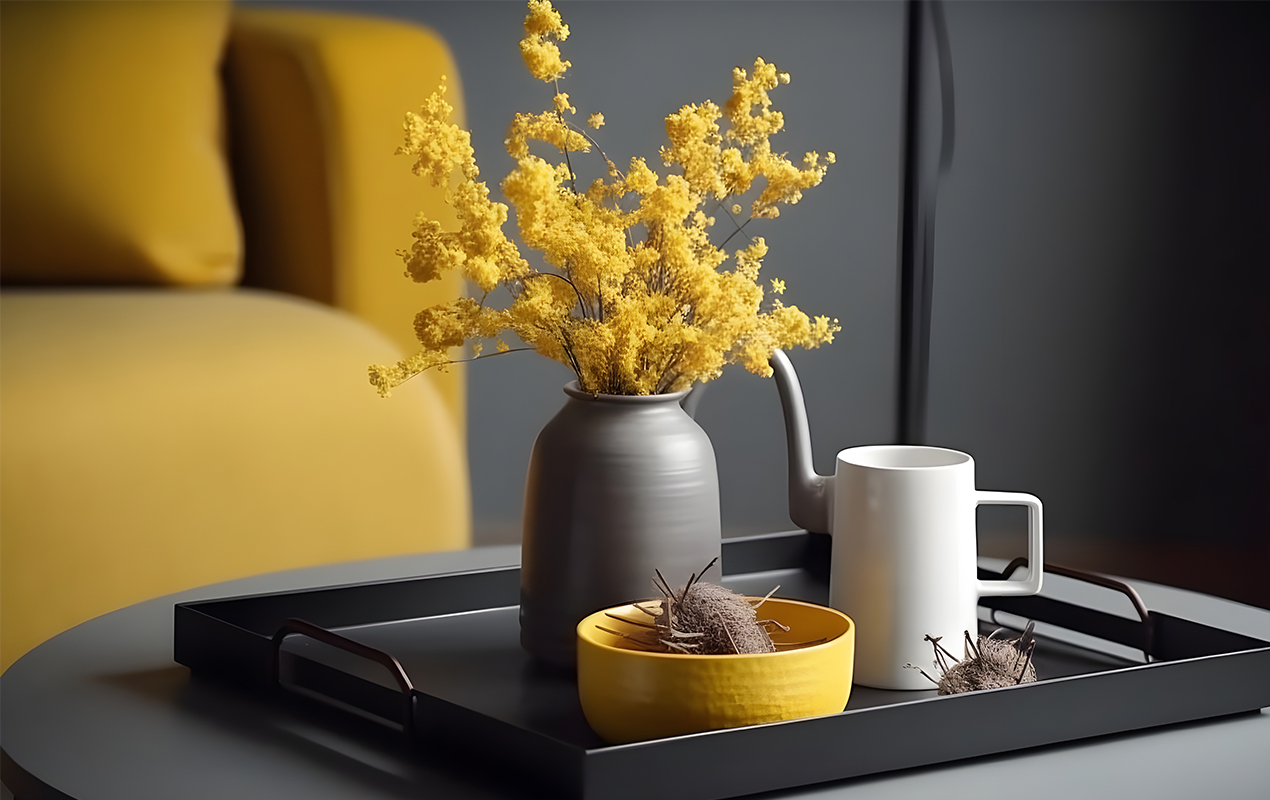 Gray living room with yellow coffee table decor