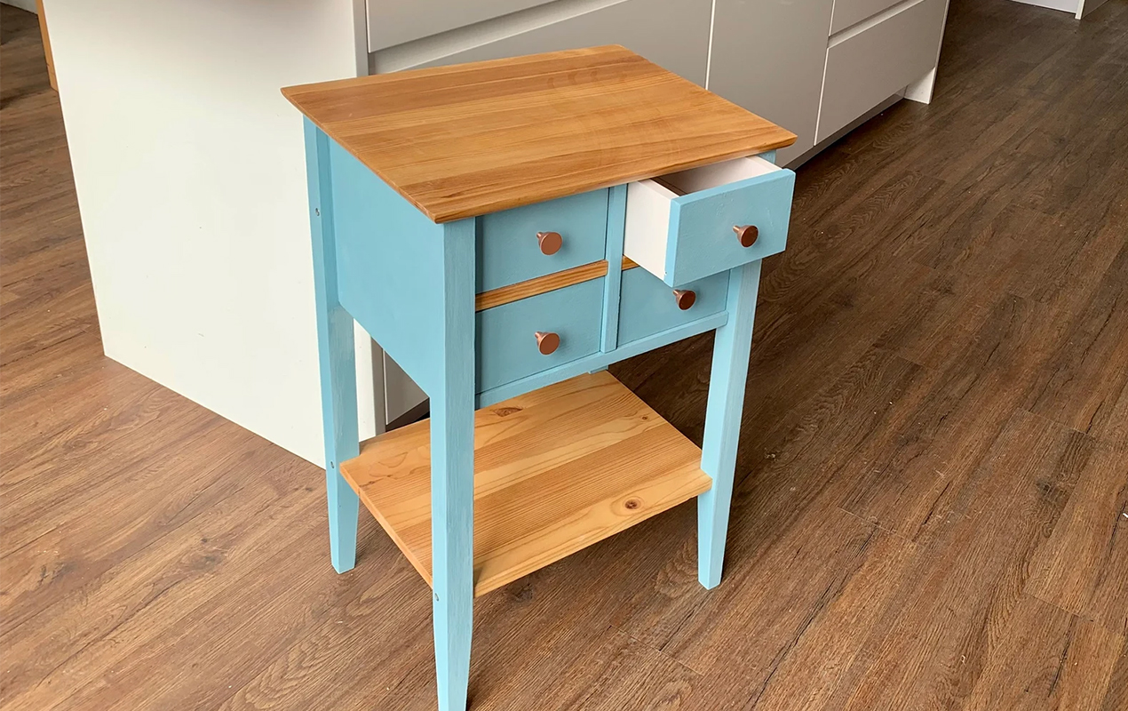 Charming Blue Allure: Pine Coffee Tables with Natural Wood Accents and Copper-Adorned Drawers