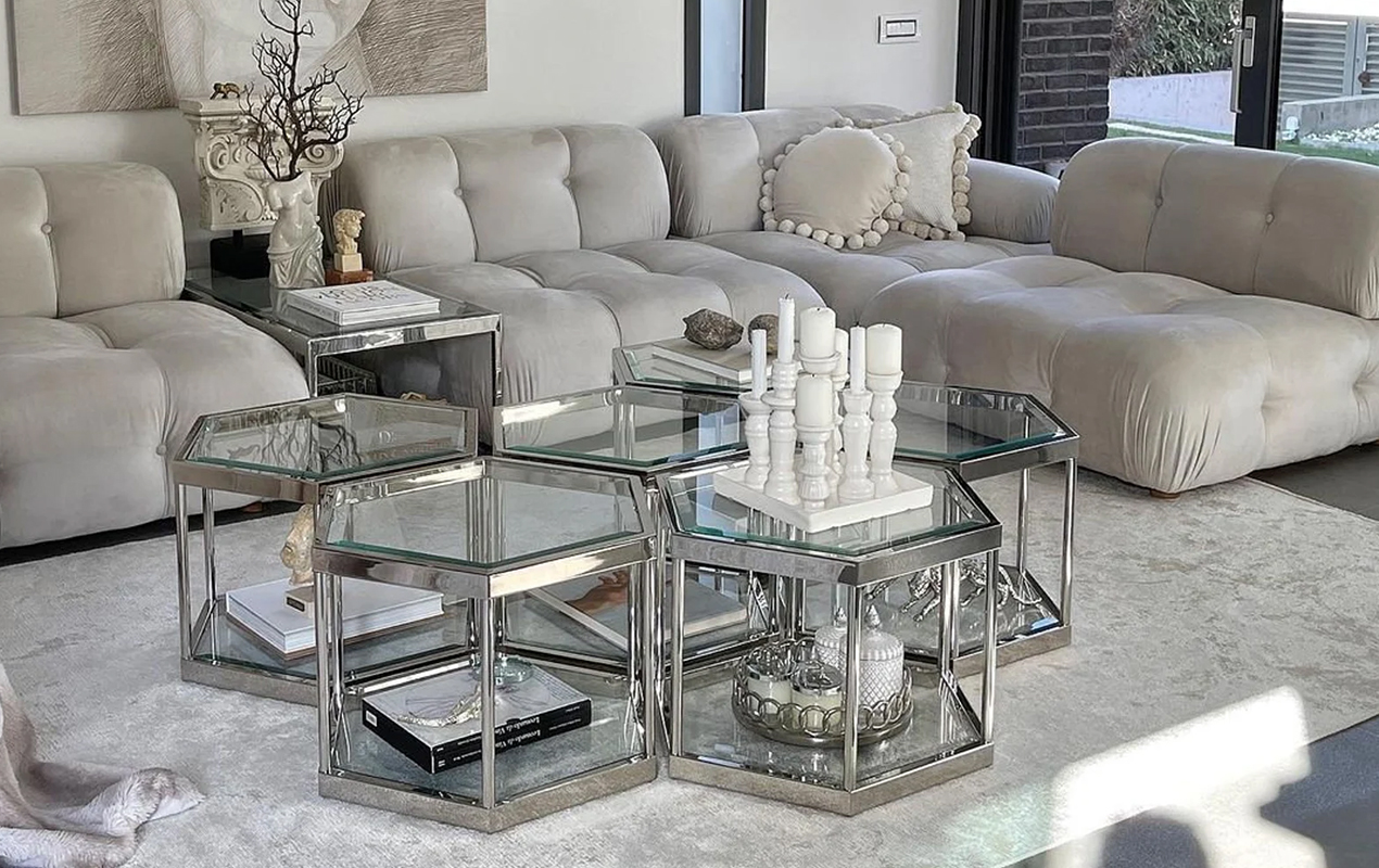 Chic Connectivity Triple Hexagon Coffee Tables with Chrome Finesse and Glass Grace