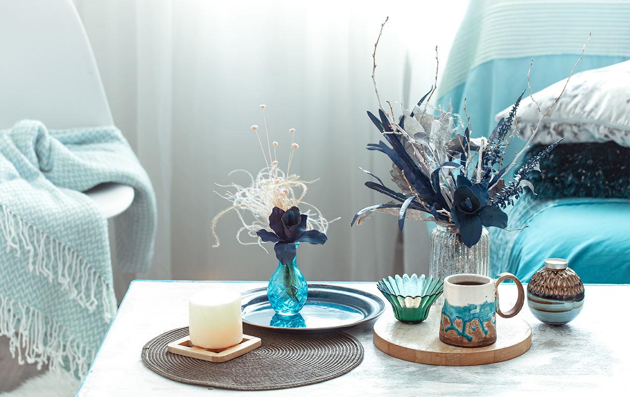 Coffee Table with Stylish Blue-Themed Decor