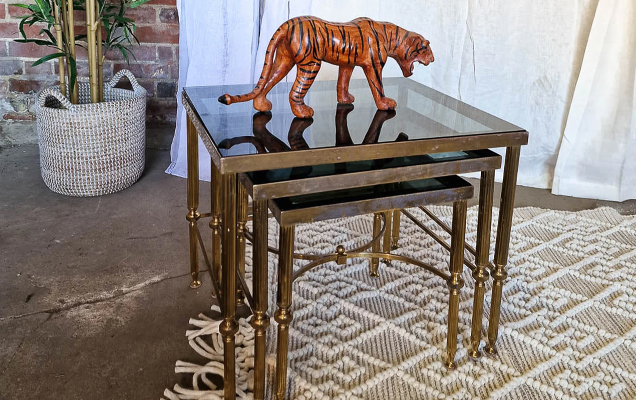 Contemporary Discernment: Brass Nesting Coffee Tables with Smoked Glass Tops