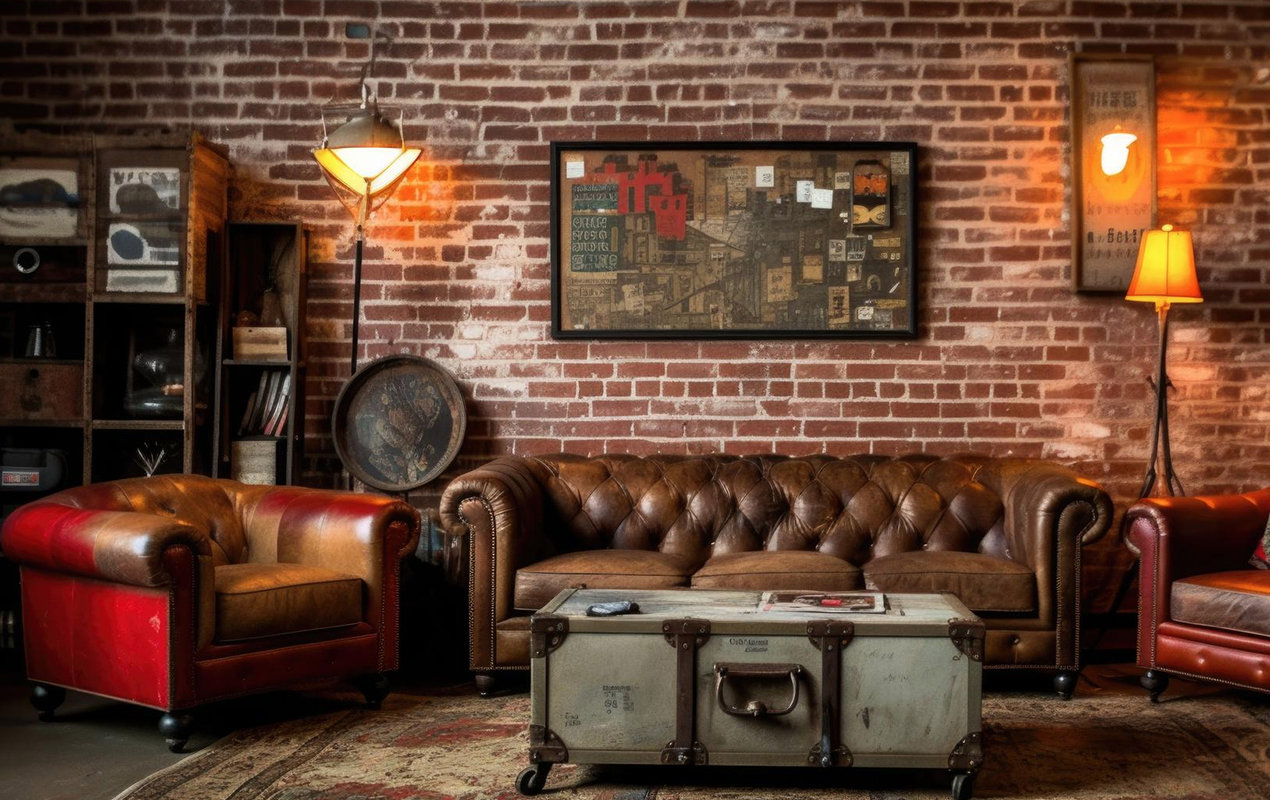 Creating an Industrial Haven: Sea-Green Trunk Coffee Table and Brick Walls