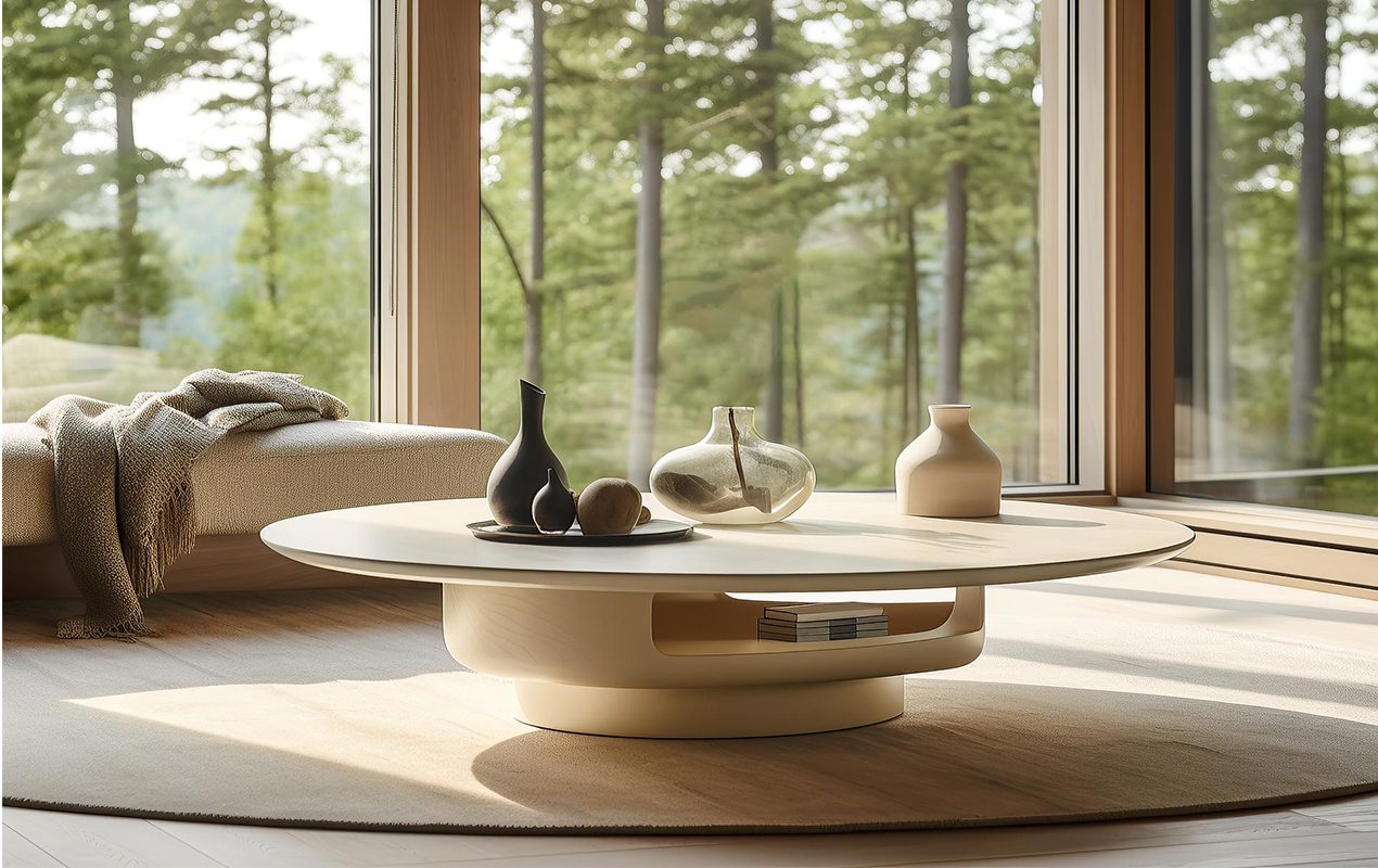 Curious Contrast: The Round Abstract Coffee Table by the Window
