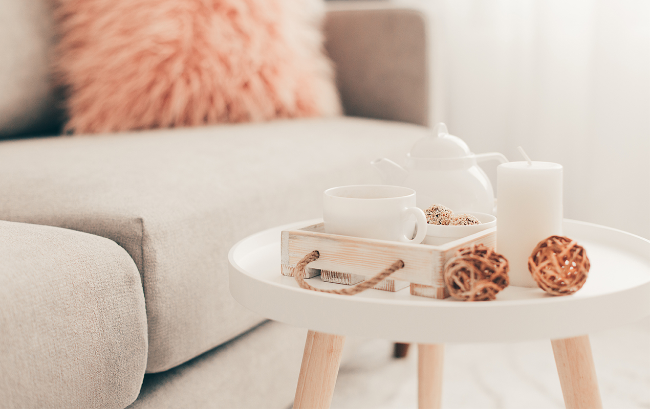 Living room with whitewash coffee table decor
