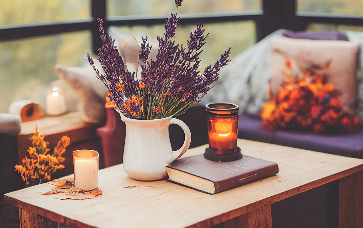 Home setting with scented candles and purple coffee table decor