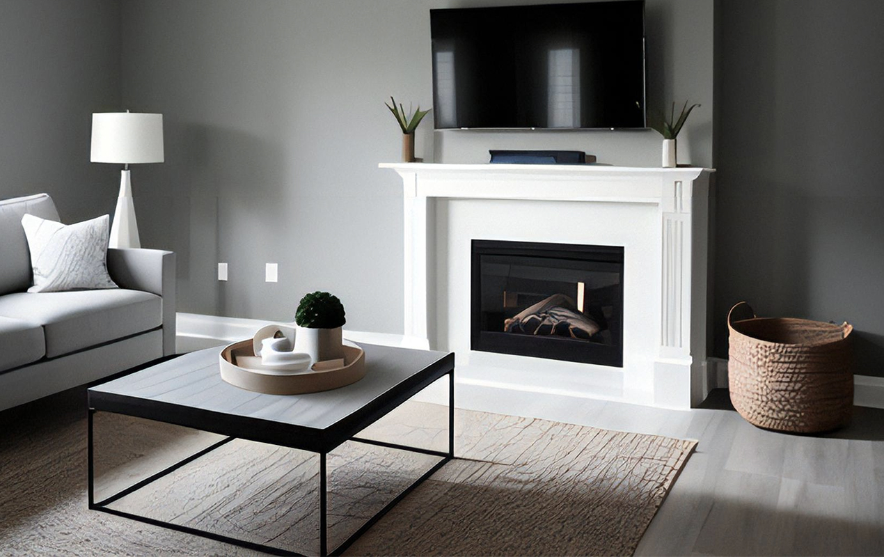 Living room interior with white fireplace, rug, and table