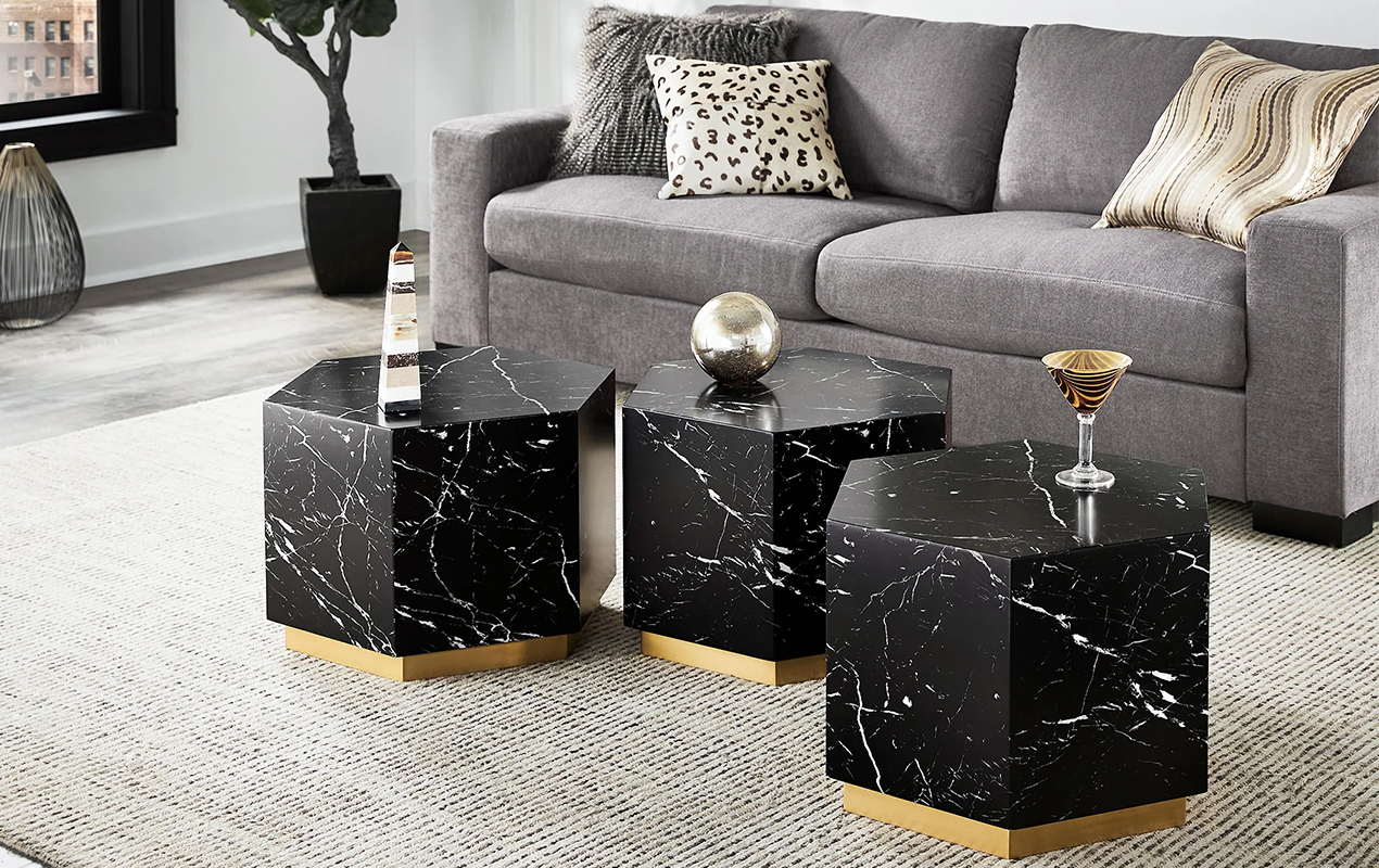 Luxury in Triplet Faux Marble Hexagonal Coffee Tables with Gold Style