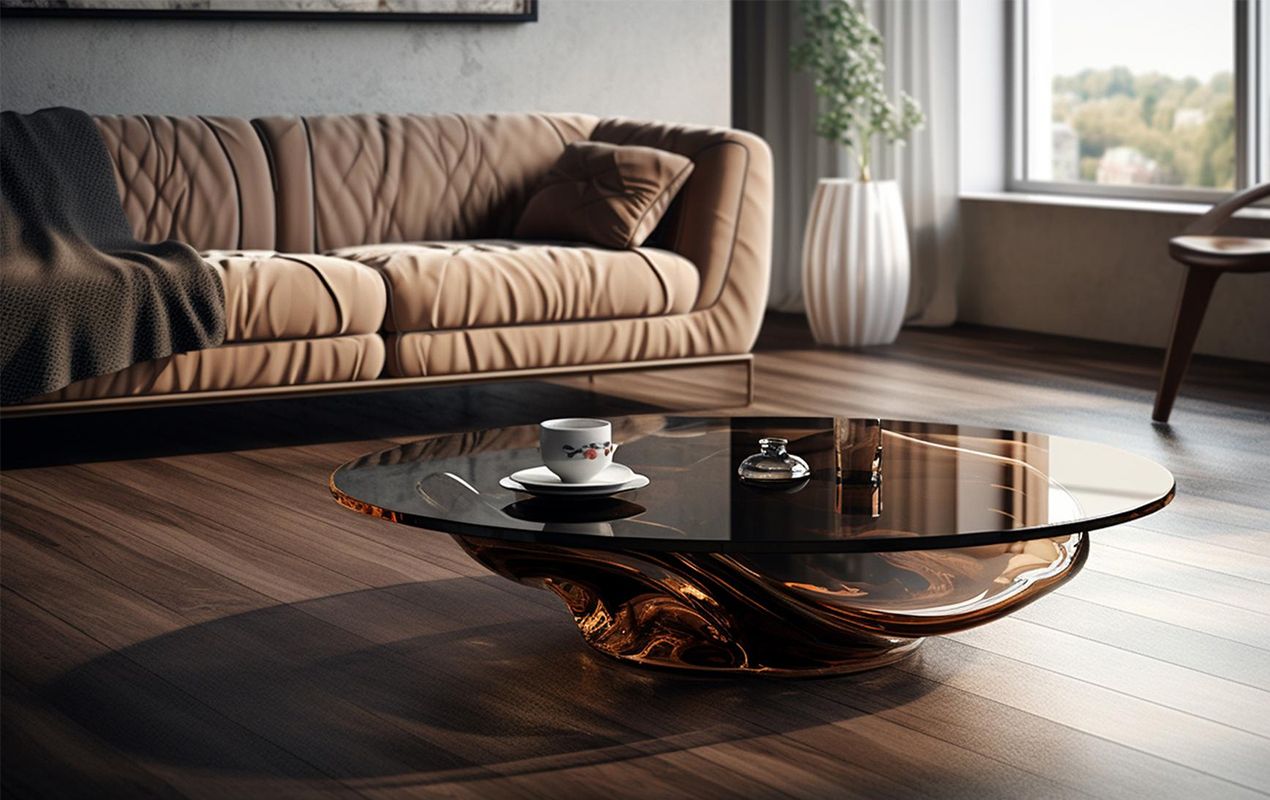 Sunlit Serenity: The Transparent Glass Living Room With Unique Coffee Table