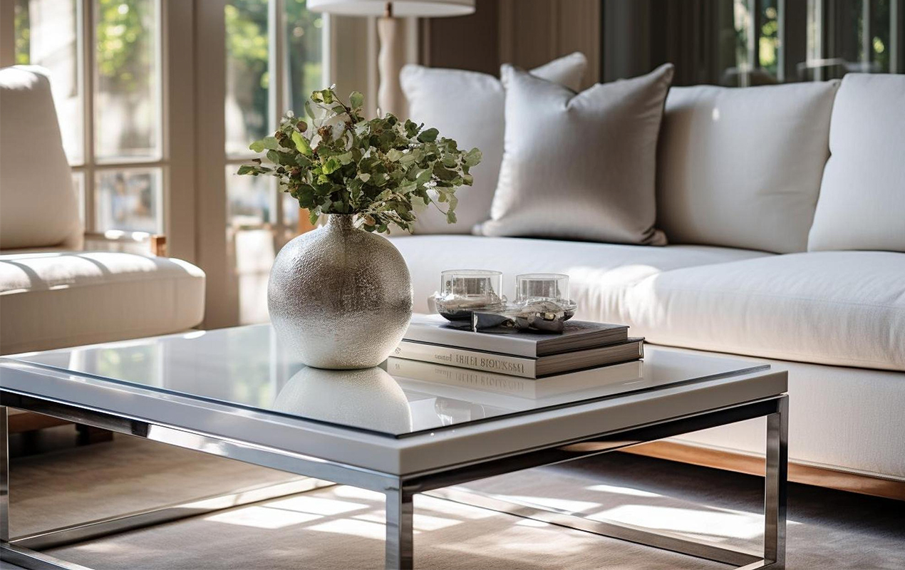 The Square Coffee Table with Silver Frame, White Top, and Glass Surface