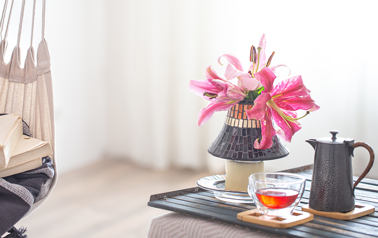 Wooden serving tray with pink flower accents