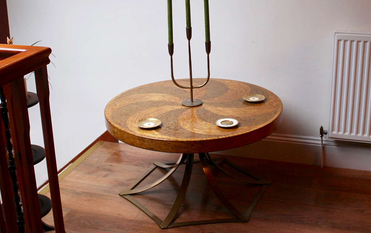 Vintage Artistry: The Two-Tone Swirl Mosaic Brass and Wood Circular Coffee Table