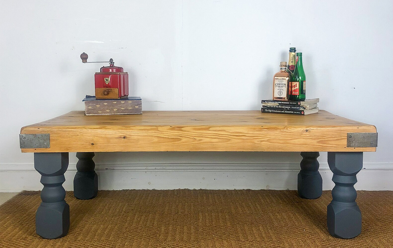 Vintage Charm Meets Modern Luxury: Chunky Pine Coffee Table in Slate Gray