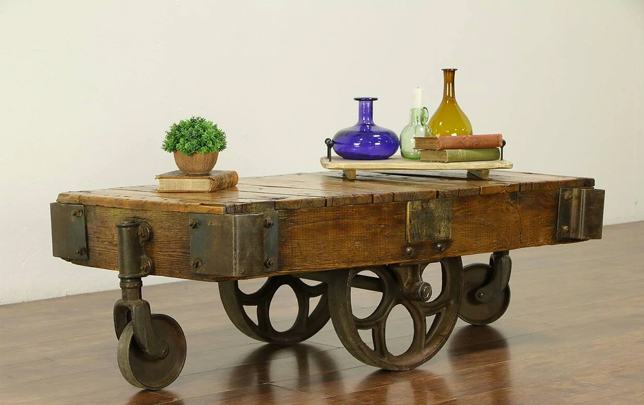 Vintage-Style Railway Cart Bag Trolley Coffee Table