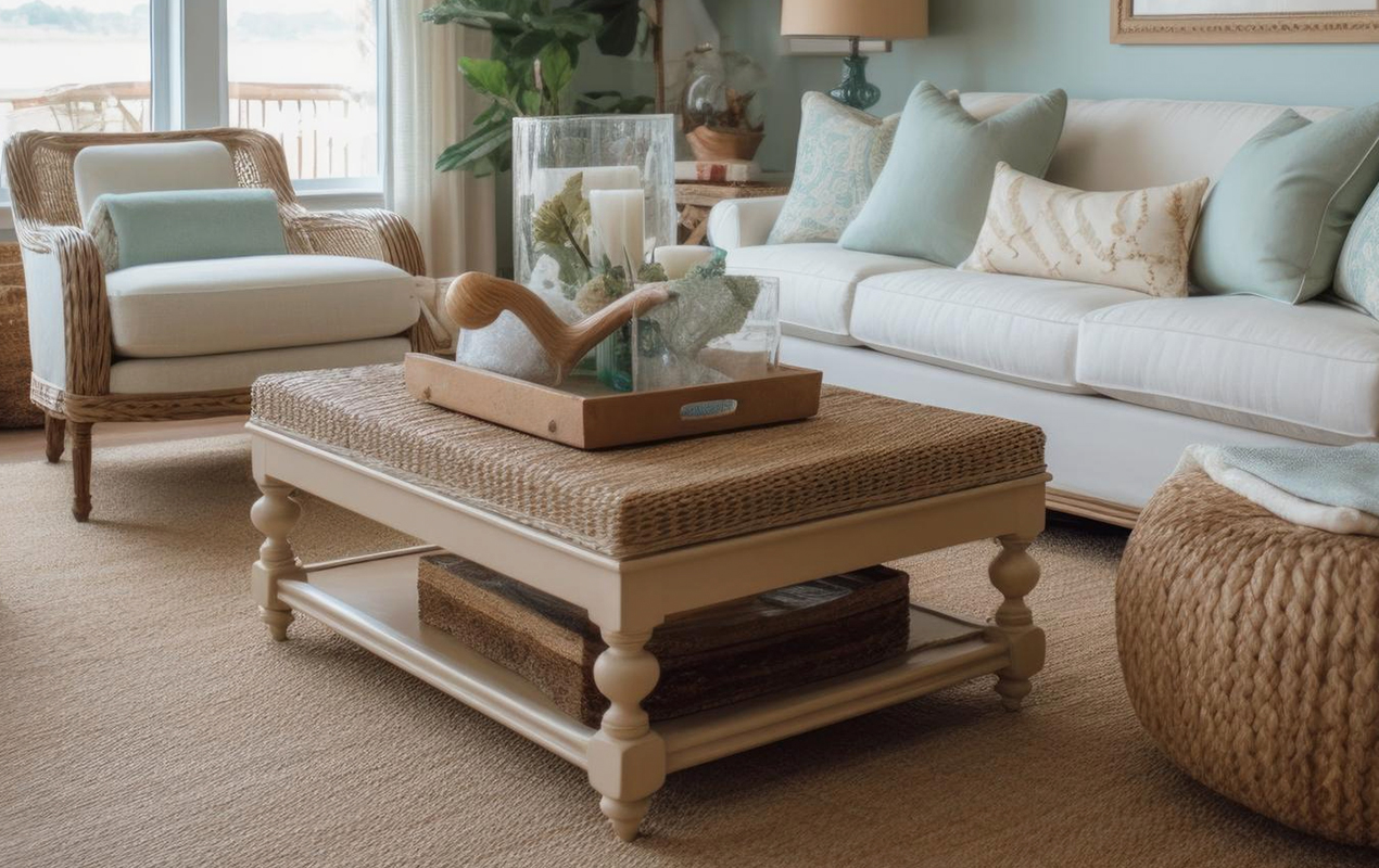 Wood Rattan Coastal Coffee Table