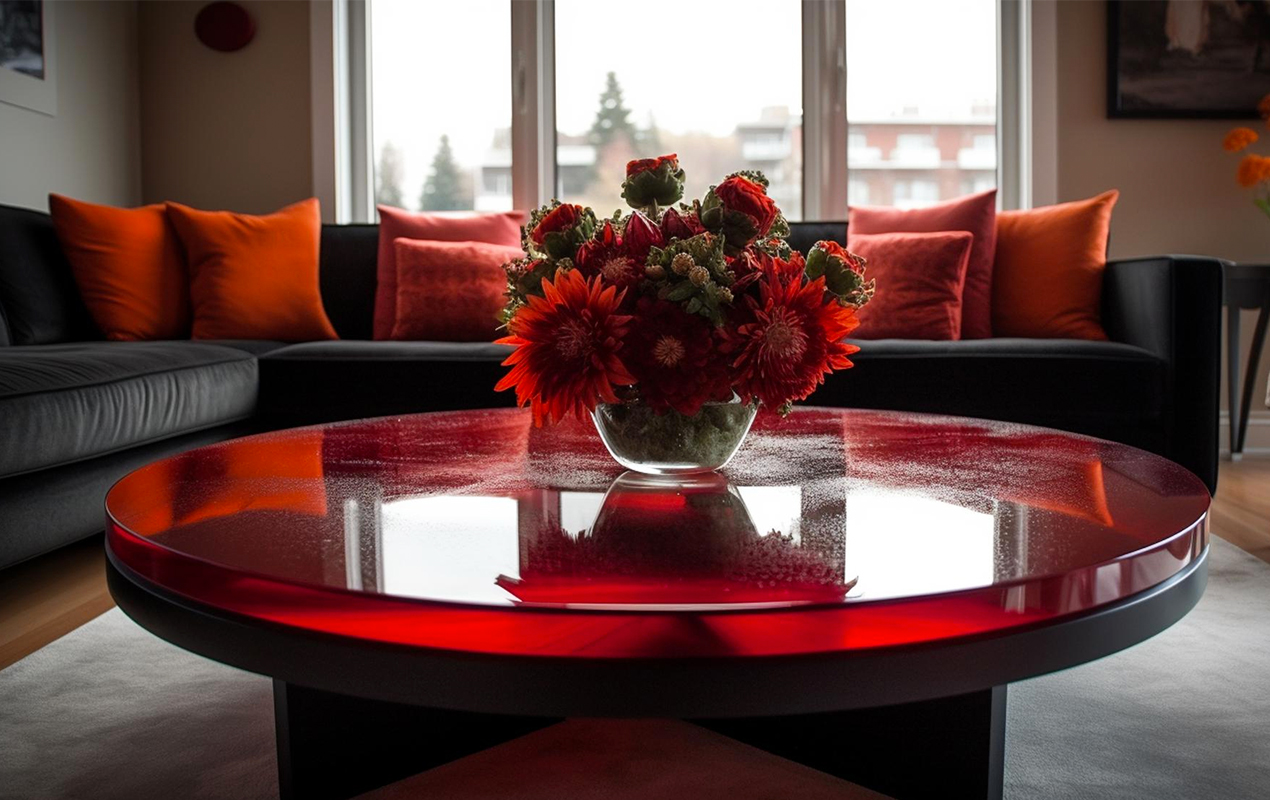 Spacious living room with ruby table