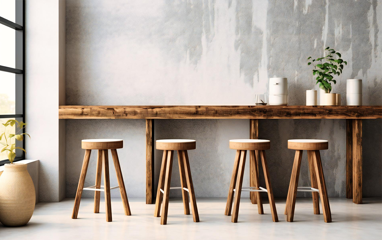 white stools stand wooden bar counter