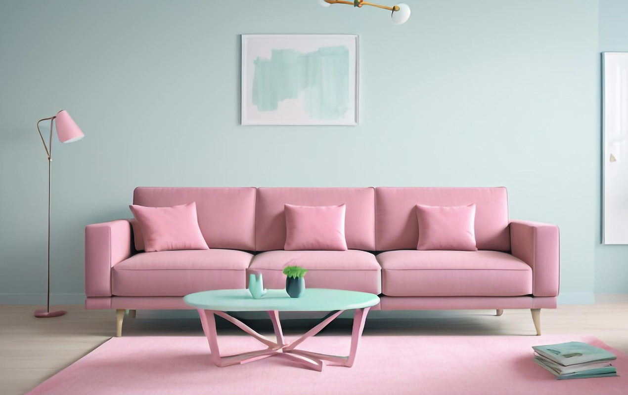 A Blue Marble Coffee Table, Pink Sofa Sets, and Sky-Blue Wall in a Thoughtfully Designed Living Room