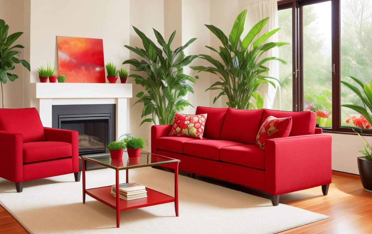 A Translucent Glass Coffee Table, Industrial Metal Base, and Vivacious Red Sofa in a Balanced Setting