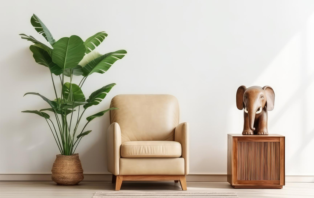 A Unique Coffee Tables, Elephant Statue, and Plush Armchair in a Stylish Living Area