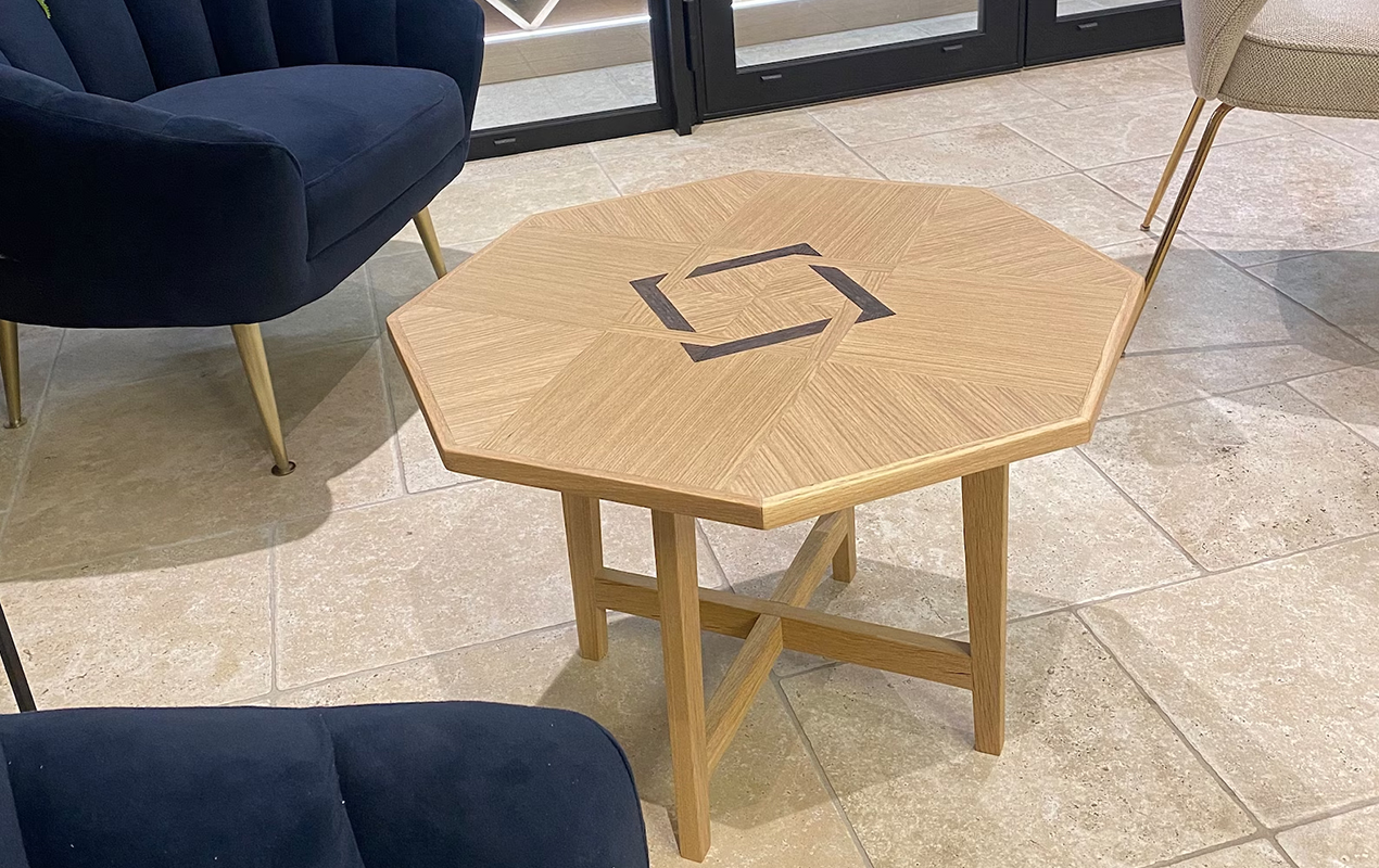 Artistry Meets Functionality: Marquetry Coffee Table in Solid Oak with Trompe-l'oeil Veneer