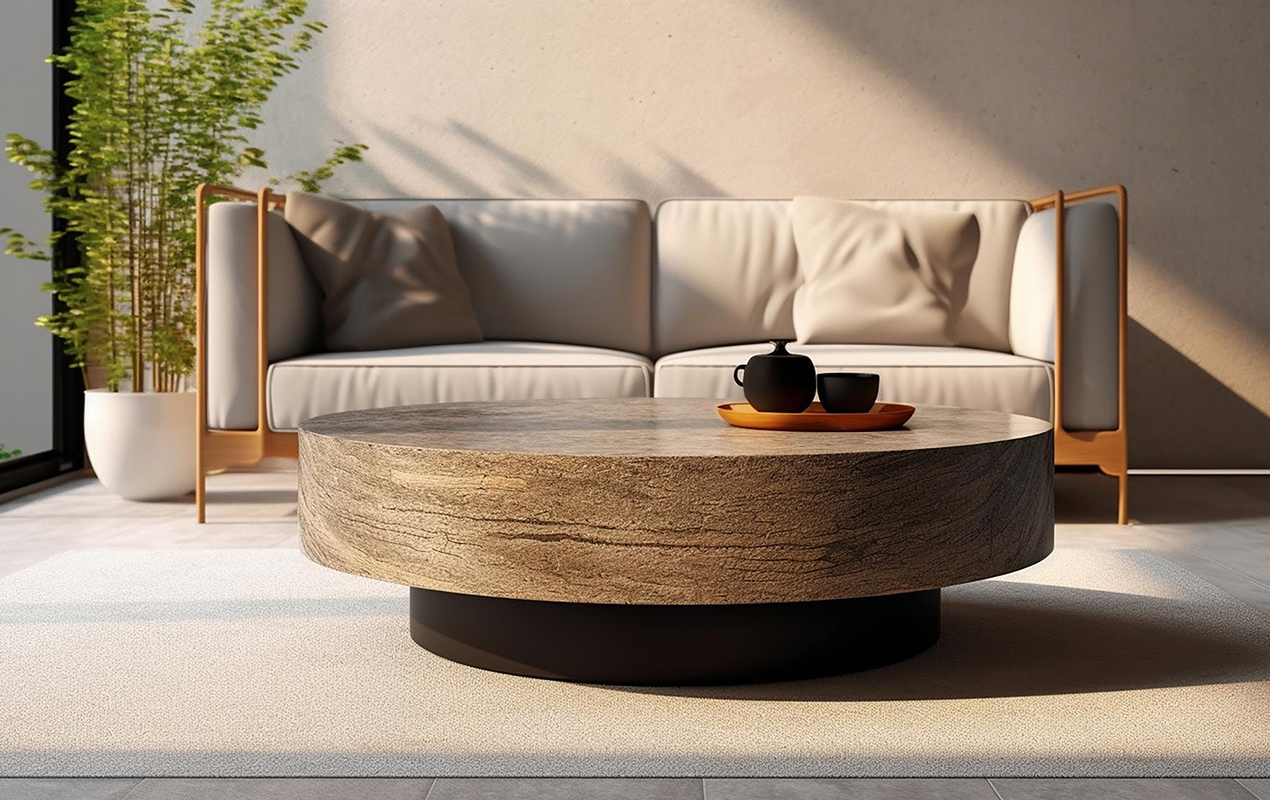 Balancing Act: The Dark Brown Granite Coffee Table and Cozy Gray Living Room
