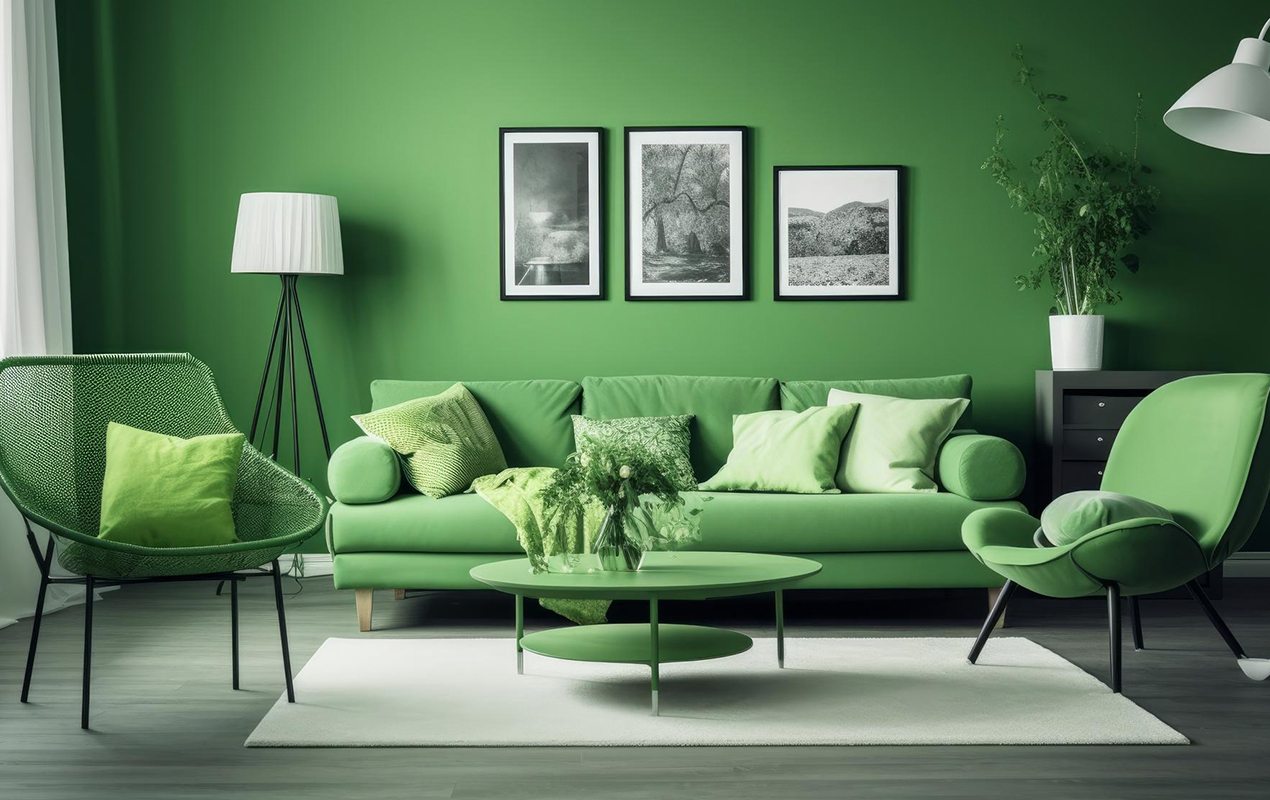 Charming Comfort: The All-Green Coffee Tables and Cozy Living Room