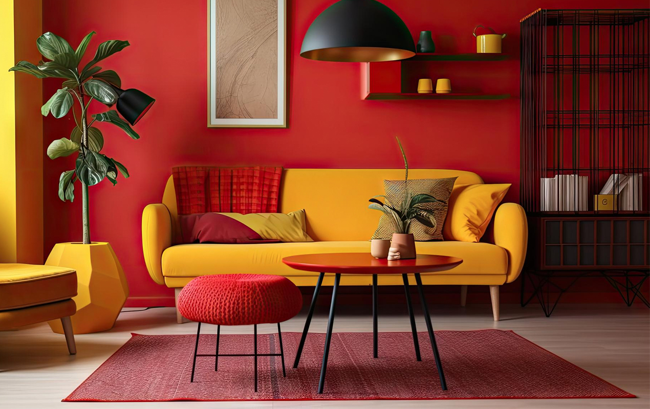 Circles and Contrasts Red Coffee Tables, a Yellow Sofa, and Decorative Elements in a Vibrant Space