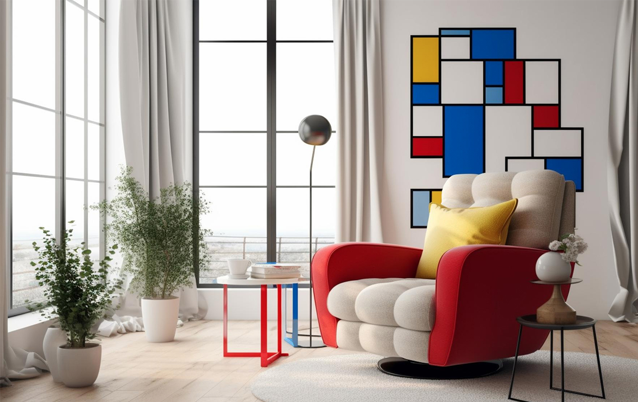 Colorful Contrasts A Coffee Table's Vibrant Base, an Artistic Wall Painting, and Contemporary Gray Windows